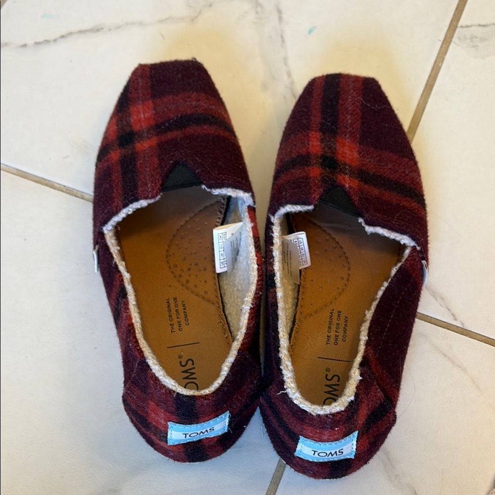 TOMS Red and Black Plaid Slippers